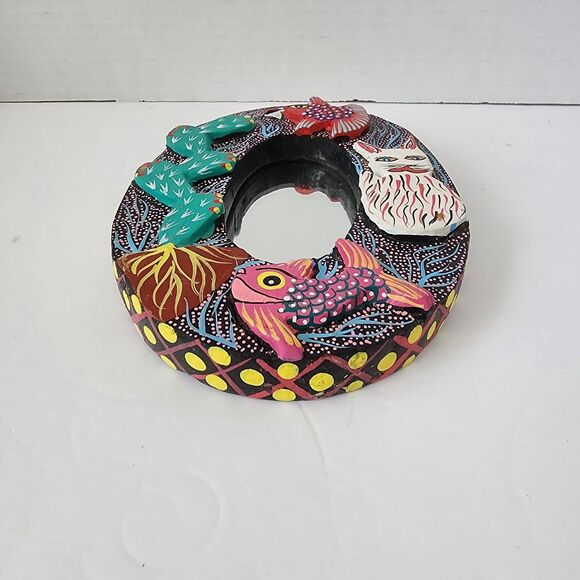 VTG Oaxacan Carved Wood Mirror Frame Oval Handed Paint Fish Cactus Bird Fox 7" - Picture 8 of 14